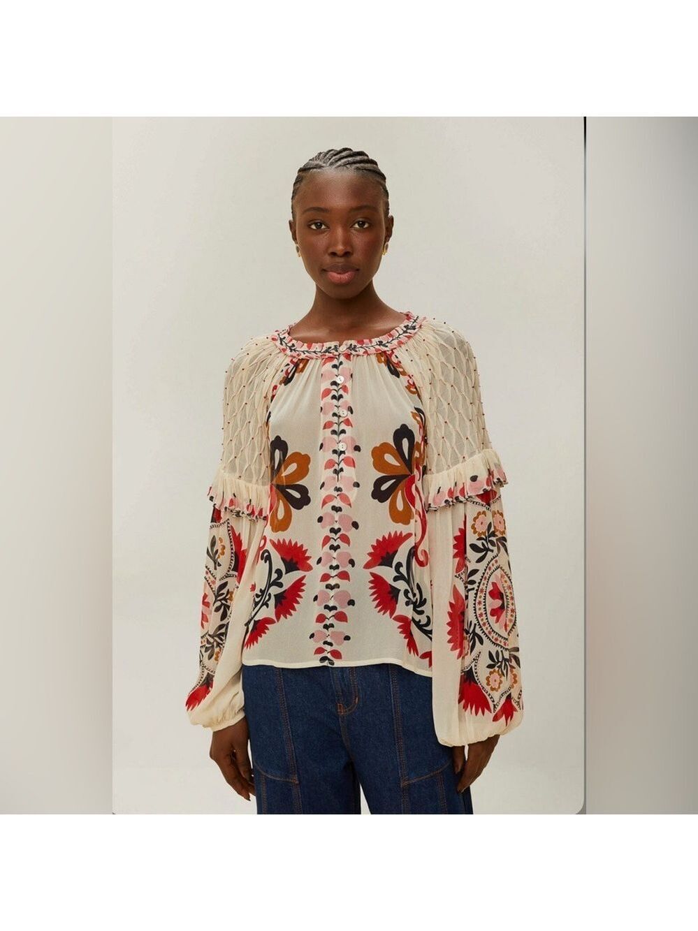 Farm Rio Cream Cashew Mandala Embroidered Blouse